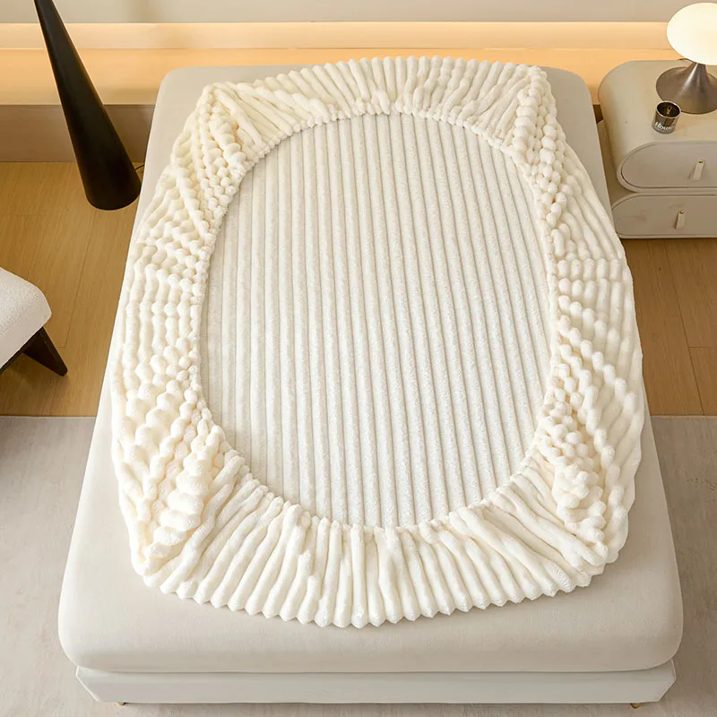 لينة الدافئة أفخم واقي المرتبة غطاء سميكة الحليب المخملية مخطط المجهزة ورقة رقيق غطاء سرير فاخر 1 قطعة التوأم الملكة الملك الحجم #5