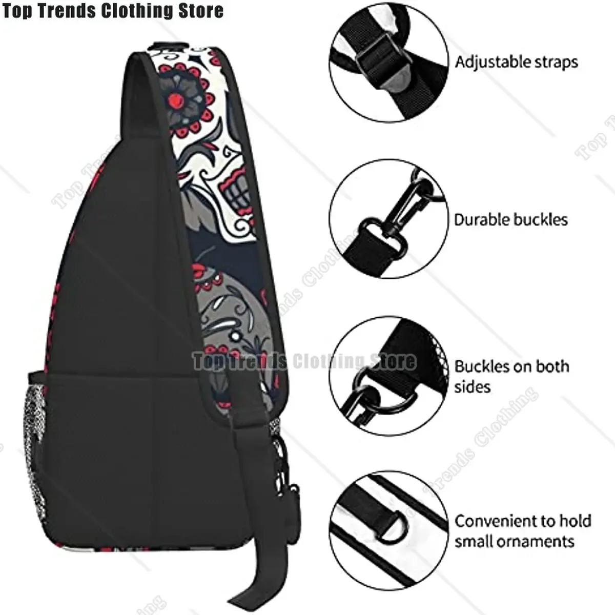 Day Dead カラフルなシュガースカルフローラルスリングバックパックチェストバッグ防水クロスボディショルダーバッグ、軽量ハイキングデイパック
