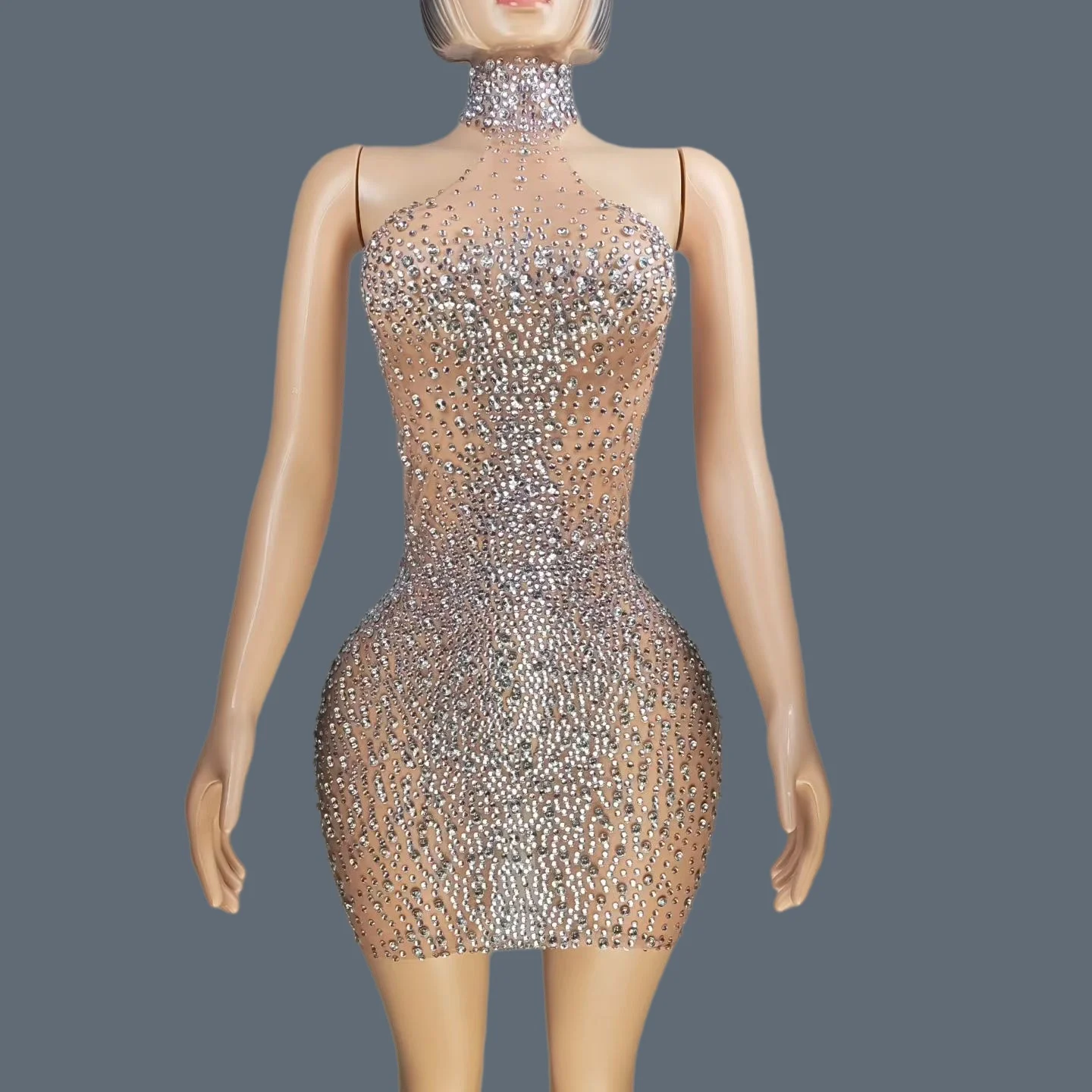 

Women Sexy Sleeveless Rhinestones Mini Dress Show Costume Stage Dancer Club Event Party Sparkly See Through Mesh Outfit Jianbian
