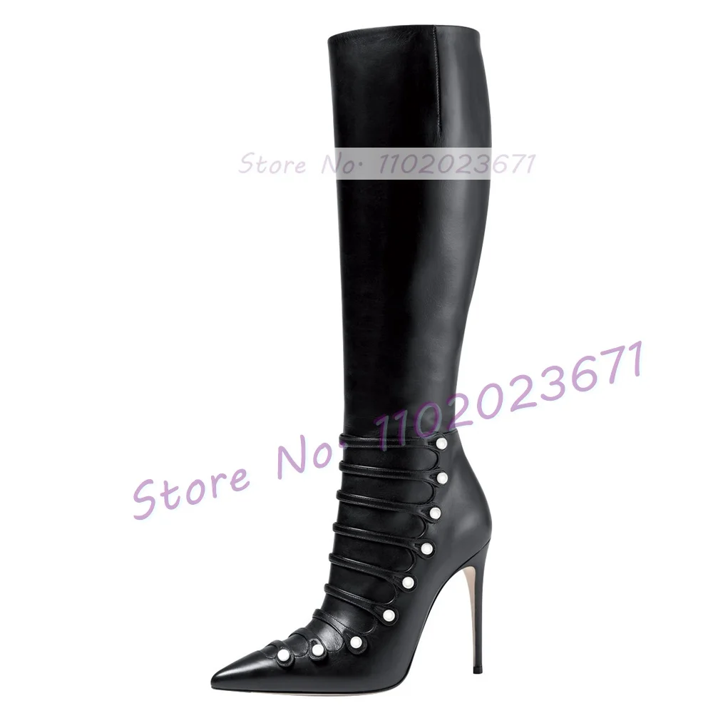 Bottes pointues au genou à lanières noires pour femmes, talons aiguilles, chaussures de fête décontractées, bottes à boutons perlés, fermeture à glissière latérale sexy pour dames