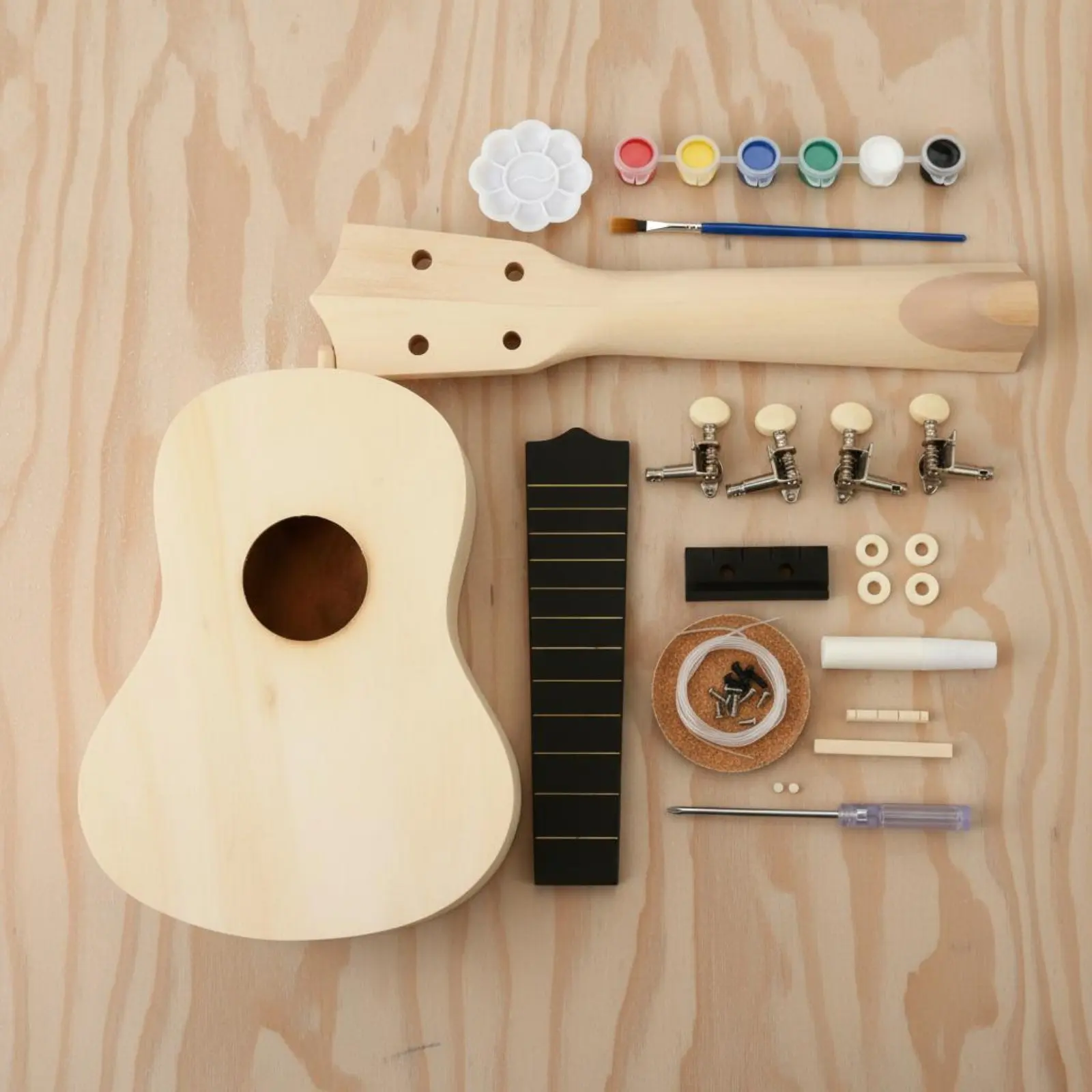 21 Inch Soprano Ukulele Kit All Parts Included Wooden Ukulele Making Kit Paintable Wood for Children, Family Activity