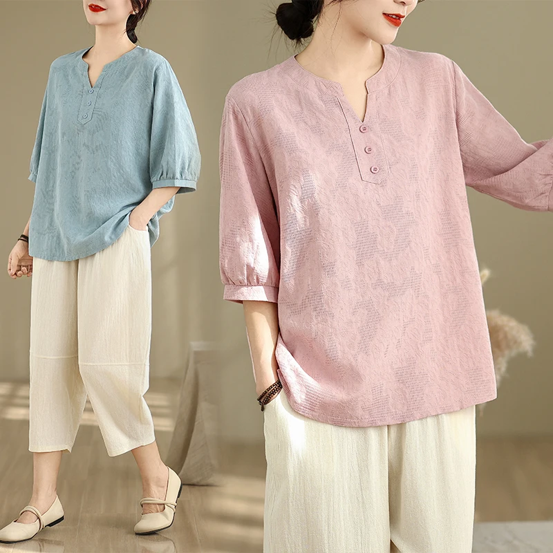 

Summer Cotton Linen Loose Short Sleeve Small V-neck Top Wide Leg Pants Two-piece Set Women Simple Casual T-shirt Pants Set