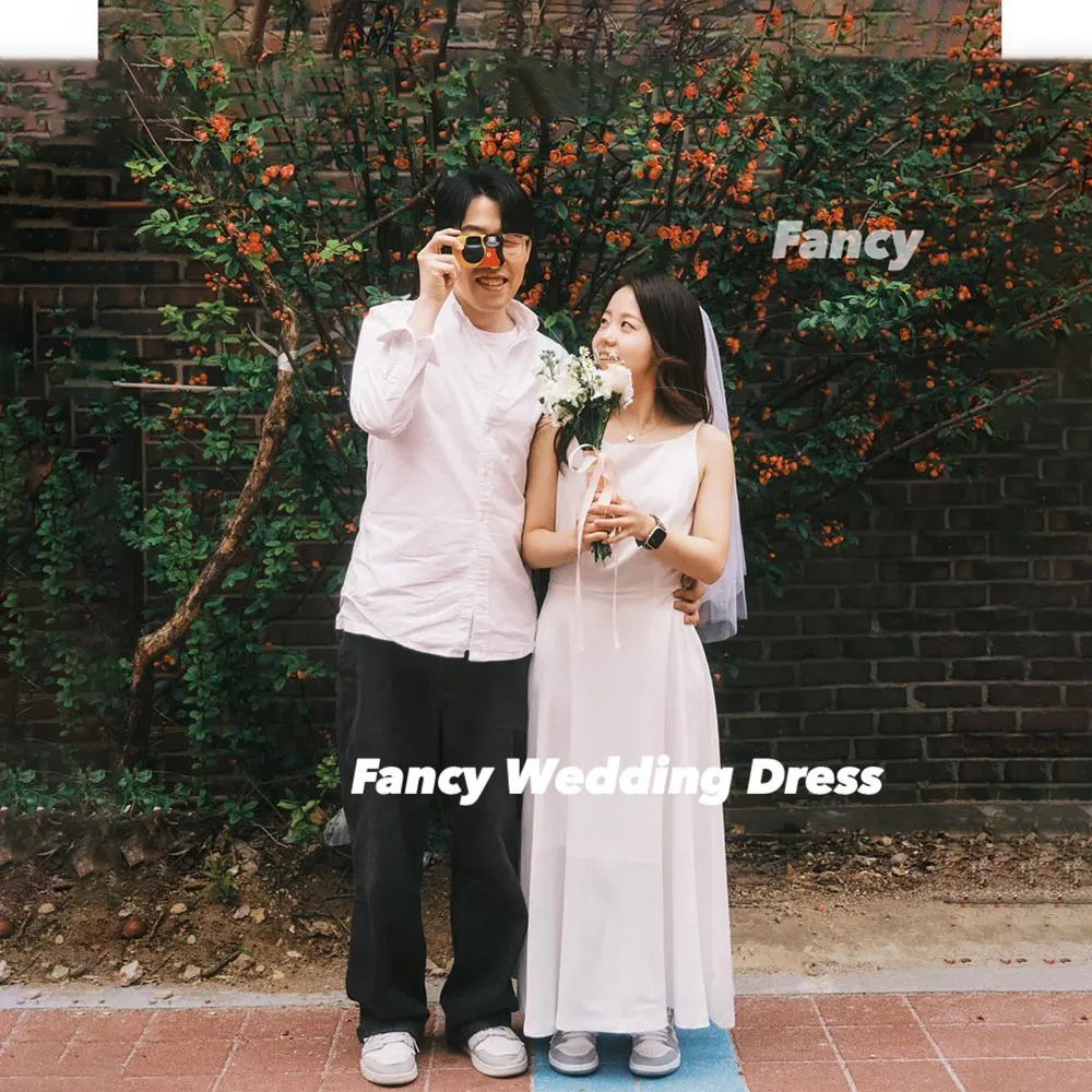 Fancy Simple O Neck Korea Wedding Dress A Line Elastic Satin Bridal Gown Ankle Length Back Zip Customized
