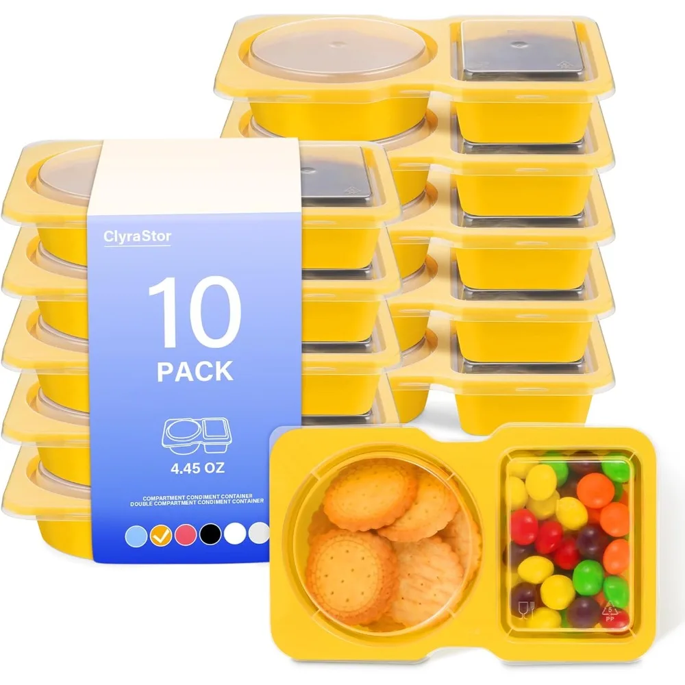 2 Compartment Disposable Plastic Snack Containers with Lids, 10 Pack Yellow Food Storage Boxes for Sauce, Salad, Condiments, Dips, Dressings, Lunch, Meal Prep, Portion Control, Kids Snacks, Party, Picnic, Travel,