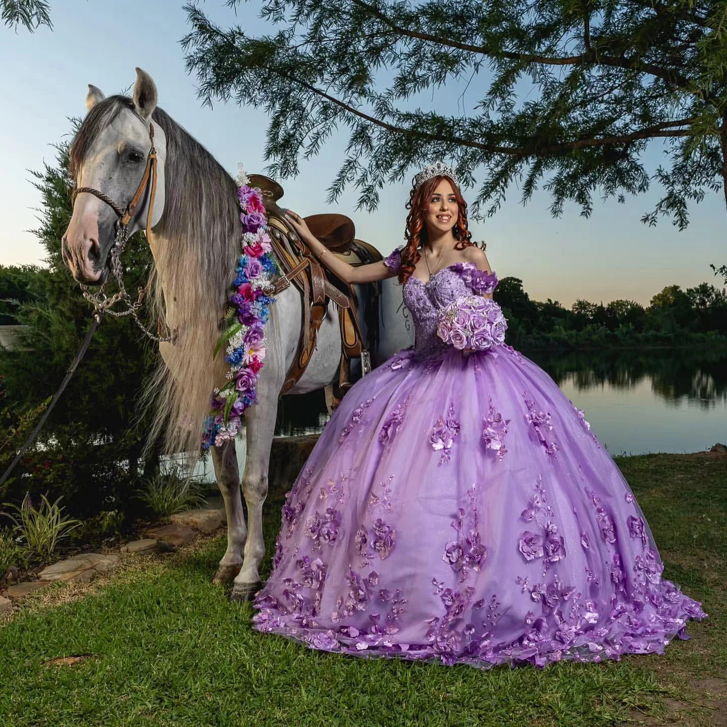 Roxo flores artesanais quinceanera vestido fora do ombro rendas apliques contas de 15 16 anos