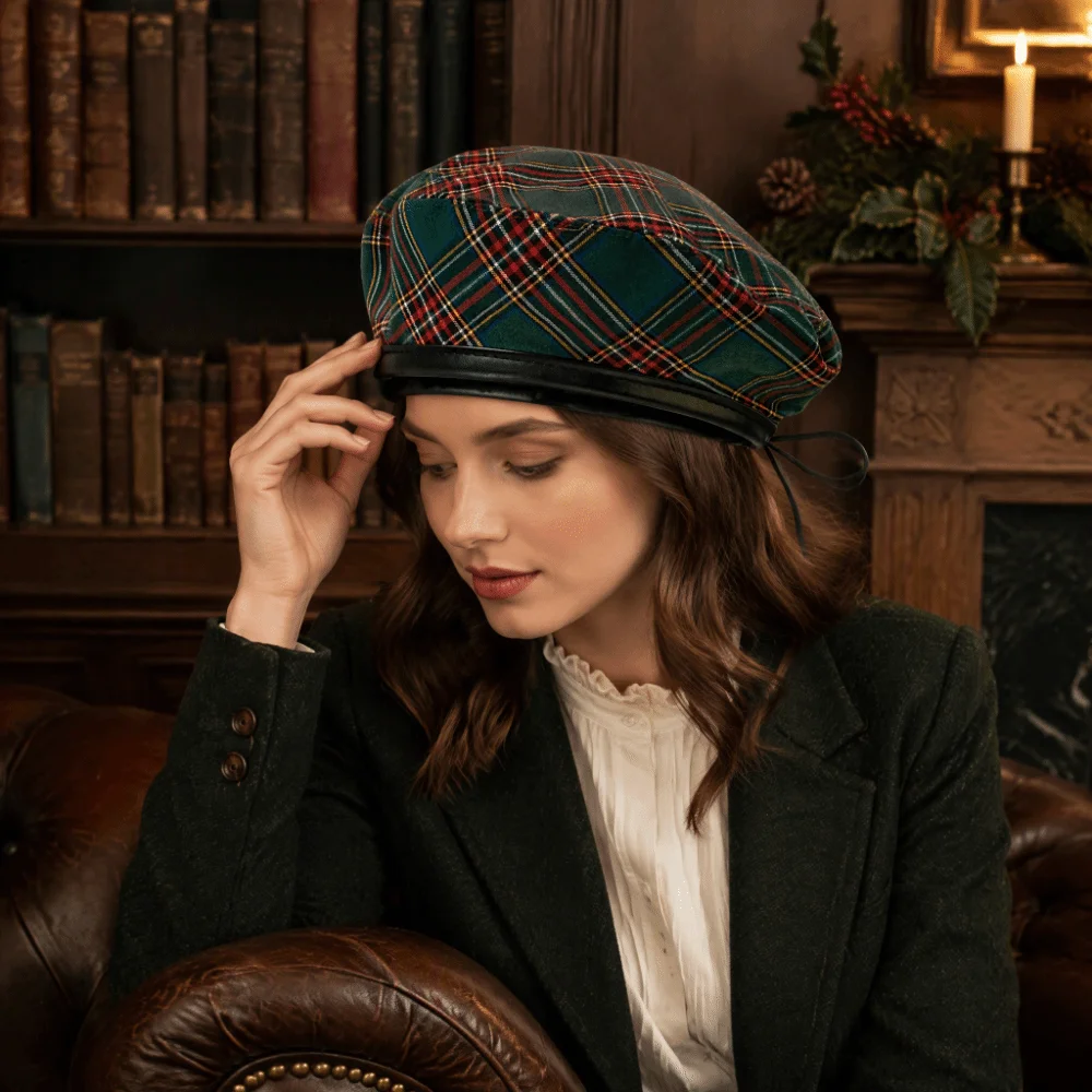Casual British Style Tartan Plaid Beret Drawstring PU Leather Trim Painter Hat Y2K Green Newsboy Cap Ladies