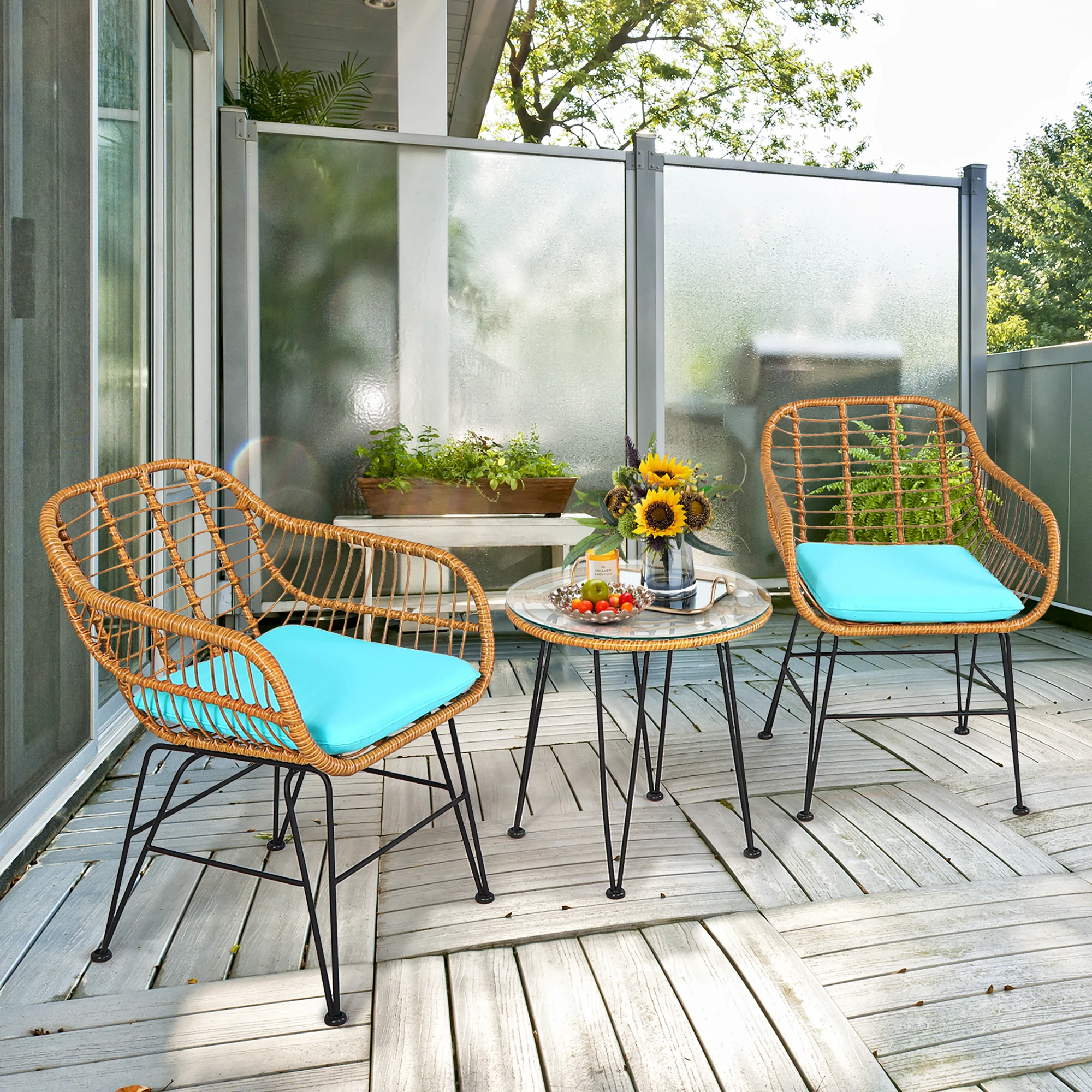 3PCS Patio Rattan Bistro Furniture Set Cushioned Chair Table Turquoise