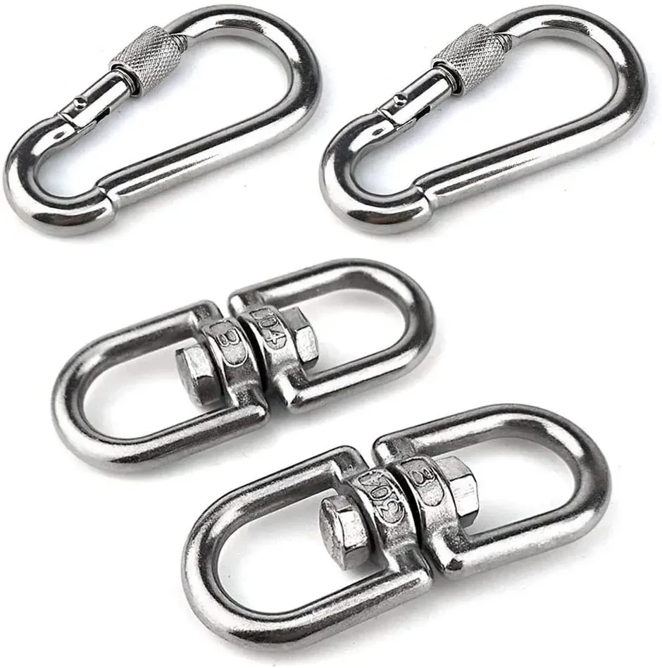 2PCS M8 304 Stainless Swivel Ring Double Ended Swivel Eye Hook 2Pcs M8 Carabiner for Marine Mooring Hanging Rotating Device