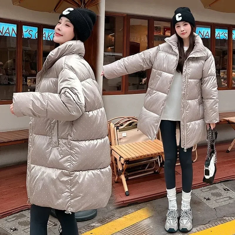 2024 Winter New Thick Warm Parkas Fashion Long Down Coats Women Elegant Zipper Wave Spot Cotton Jackets Female Outerwear