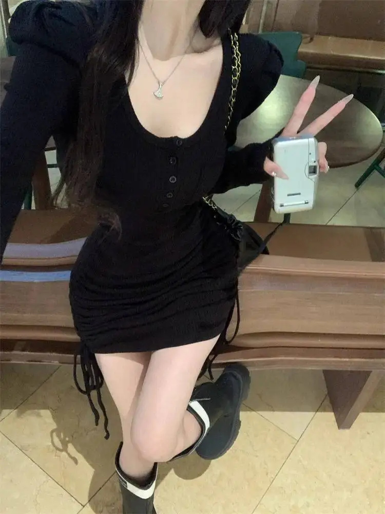 

Women's 2026 New Autumn Winter U Neck Drawstring Ruched Bodycon Dress Slim Fit Party Dress