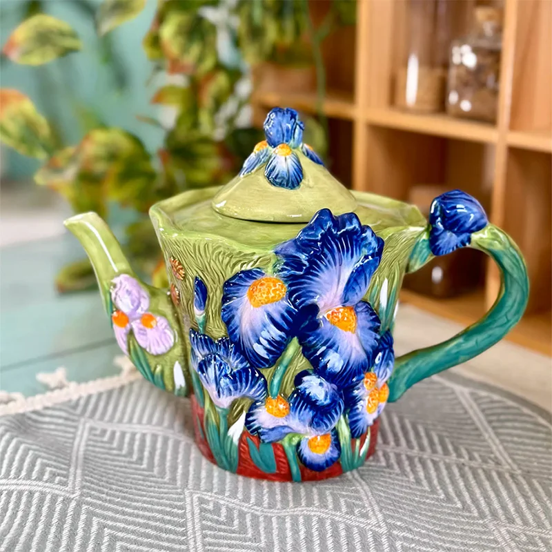 Creative Blue Floral Ceramic Coffee Cup Coffee Pot Office Afternoon Tea Modern Art Van Gogh Oil Painting Style Teacup Pot Decor