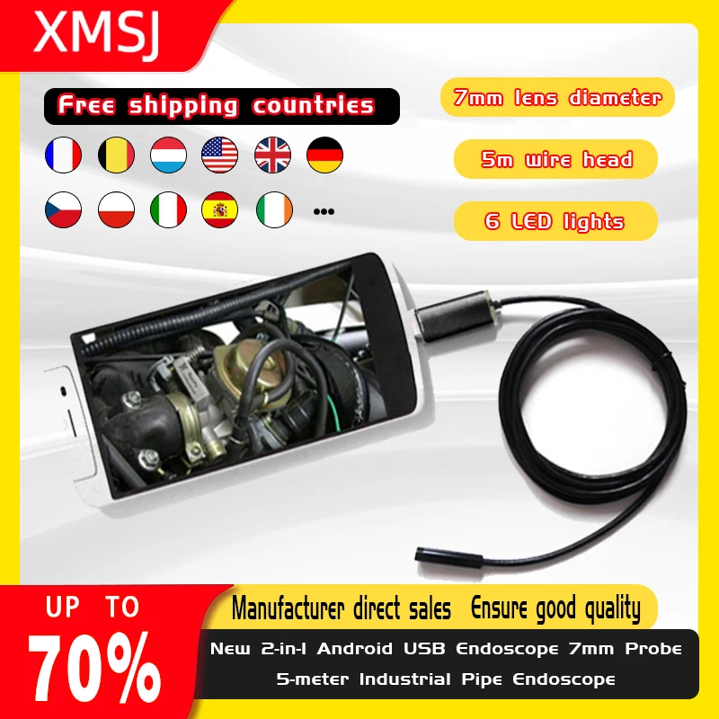 Endoscope camera，Borescope，New 2-in-1 Android USB EnNew 2-in-1 Android USB Endoscope 7mm Probe 5-meter Industrial Pipe Endoscope