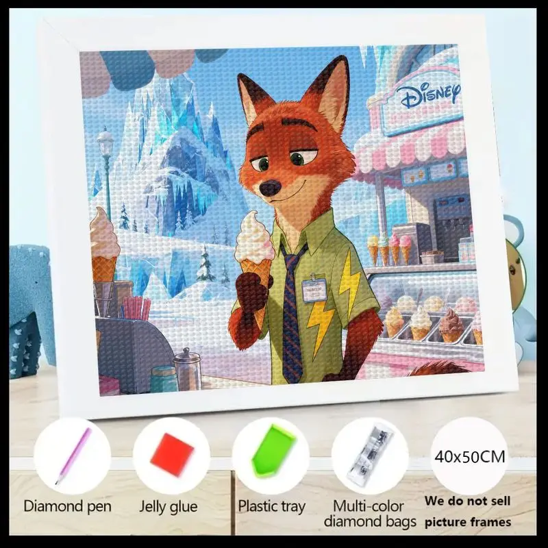 

1 шт. 5D DIY комплект алмазной живописи, Disney Zootopia Nick Wilde Fox Enjoying Ice Cream Shop Scene Full Drill Crystal Rhinestone Gem