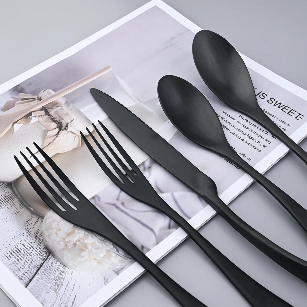 Black Matte 304 Stainless Steel Cutlery Set Steak Knife Dessert Fork Spoon Dinnerware Set Home Kitchen Tableware Set