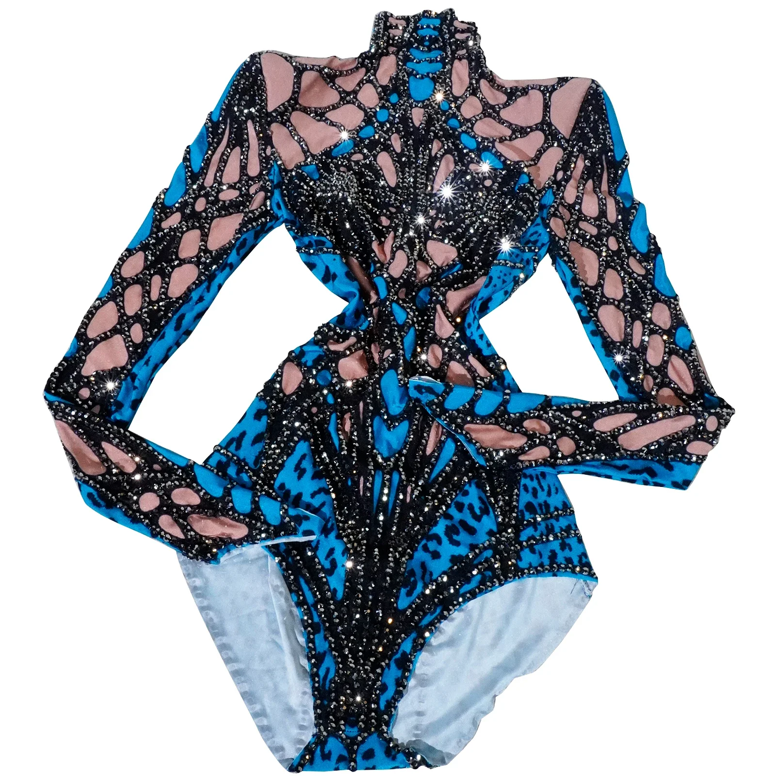 Glitzer bedruckter Langarm-Body mit Strasssteinen, blauer Pole-Dance-Trikot, Drag-Queen-Outfits, Party, Geburtstag, Club, Feiern Sie die Bühne