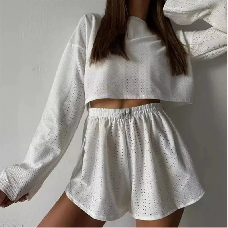 

2025 женский повседневный пижамный комплект с вырезом, модный, простой, свободный пуловер, топ с длинными рукавами и шорты