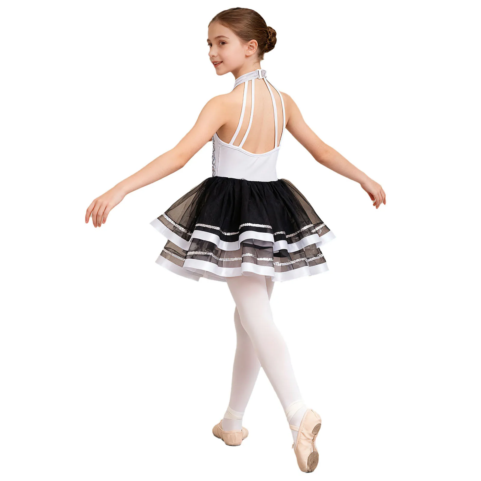 Glitzerndes Pailletten-Ballett-, Jazz- und Stepptanzkostüm für Mädchen, mit Neckholder-Oberteil und mehrlagigem Tüllrock für Wettbewerbe. – Detail 36