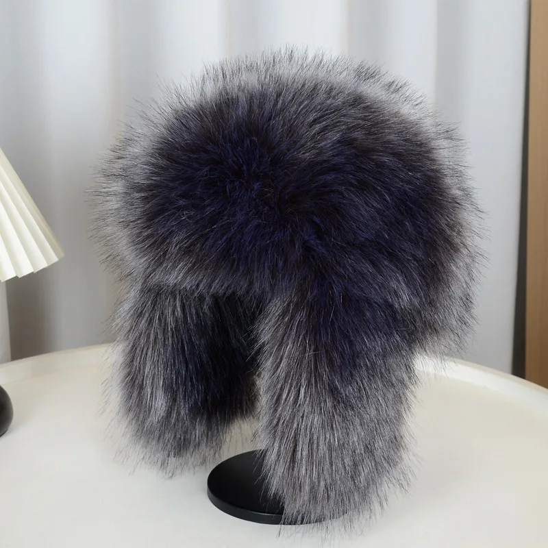 Gorros de Invierno Unisex de Piel Sintética de Zorro, Gorros de Lana para Mujer, Gorro Cálido y Ecológico para Exteriores, Gorro de Bombardero Esponjoso con Orejeras Redondas Estilo Ruso