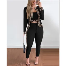 Mandylandy Street Hipster Spodnie Zestawy Damskie 3-częściowe Zestawy Stroje Kamizelka Topy Streetwear Kardigan Płaszcze Spodnie Skinny Legginsy