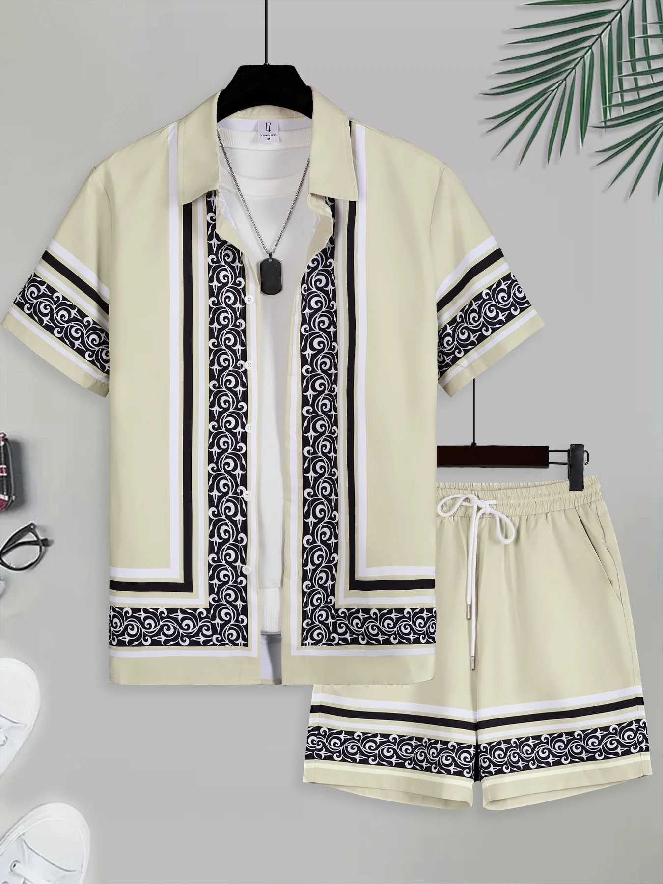 

Men's Summer Lightweight Breathable Outfit, Geometric Stripe Shirt & Shorts for Daily Commute