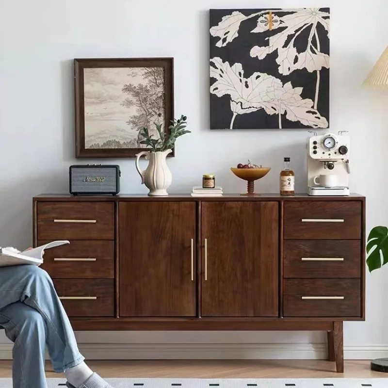 Nordic side cabinet, solid wood, black walnut color, restaurant storage cabinet, light luxury