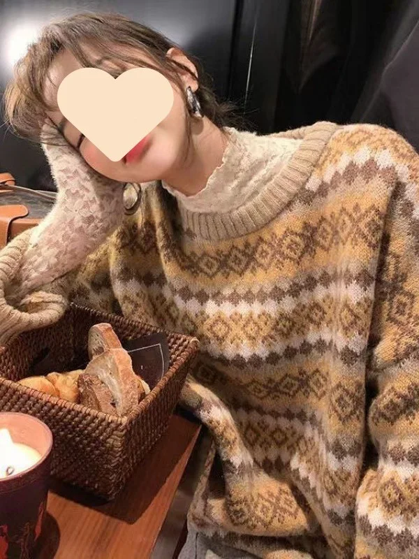 Damen-Sweatshirt mit Retro-Rautenmuster, lockerer langer Swe-Pullover, bequemes Strickoberteil für die Frühlingssaison, lässige Pendelkleidung