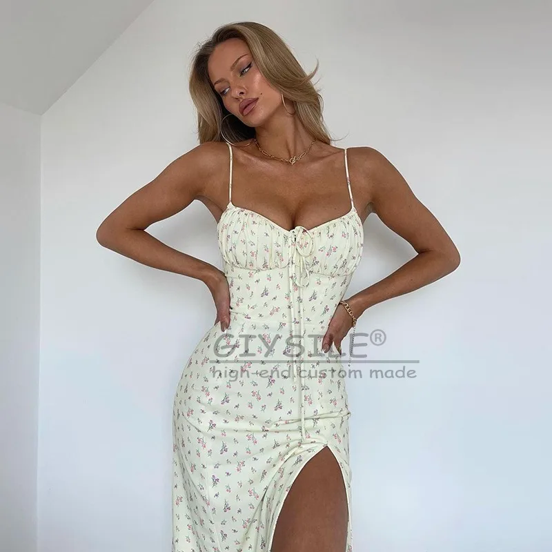 

GIYSILE 2025 New Floral Sexy Suspender Dress Fashionable Strappy Backless Split Skirt Temperament Banquet Summer Women's Wear