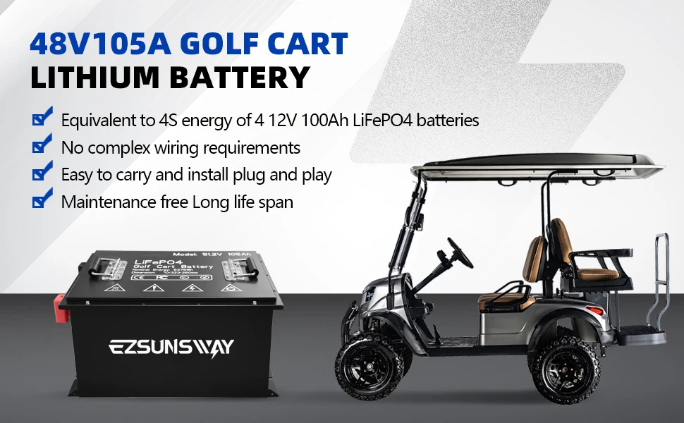 New 48V 105Ah LiFePO4 Battery for Yamaha G29 Drive Golf, with 25A Charger, Support Mobile APP & Bluetooth, 200BMS, 6000+ Clycles