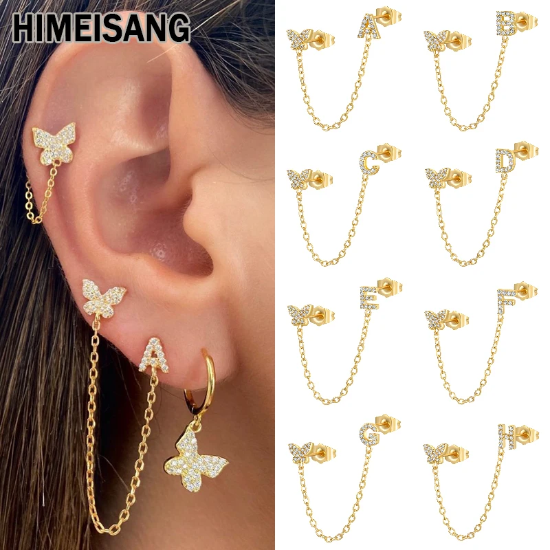 

HIMEISANG Gold Silver Color 1 PCS A-Z Letter Butterfly Connected Initial Chain Stud Earrings Pave Zircon Earring Fashion Jewelry