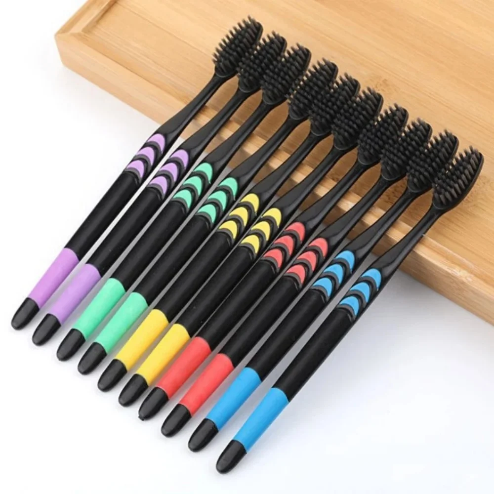 10Pcs Bamboo Charcoal Soft Bristles Toothbrush, Travel Carry Low Carbon Soft Bristle Handle Toothbrush, Family Pack Toothbrush
