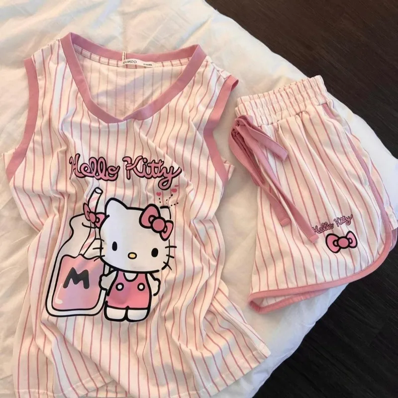 Pink Kawaii Hello Kitty Sleeveless Pajama Set for Women's Summer Cartoon Anime Printed Vest Shorts Fashion Striped Home Wear