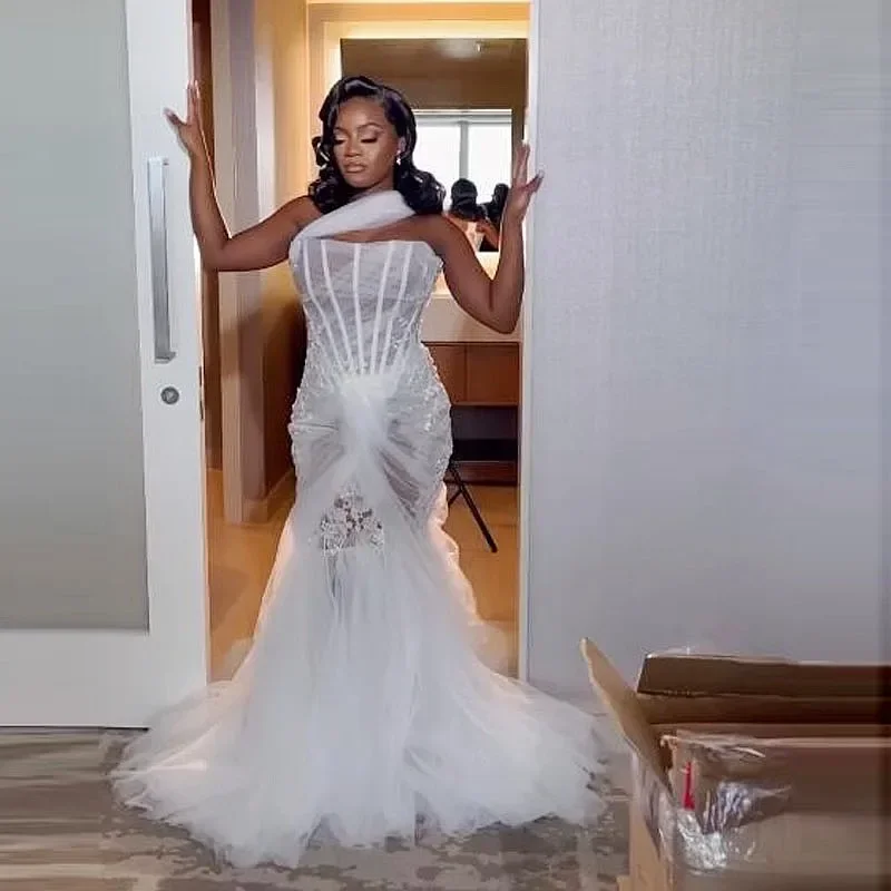 فساتين زفاف حورية البحر الأفريقية بكتف واحد مخصصة رداء De Mariage 2024 Nouveauté انظر من خلال تول زي العرائس