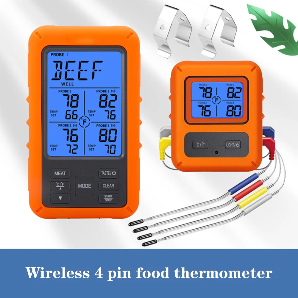 

Wireless Meat Thermometer For BBQ Digital Remote Food Cooking Meat Thermometer With 4 Probes 9 Meat Modes 328FT Remote Range