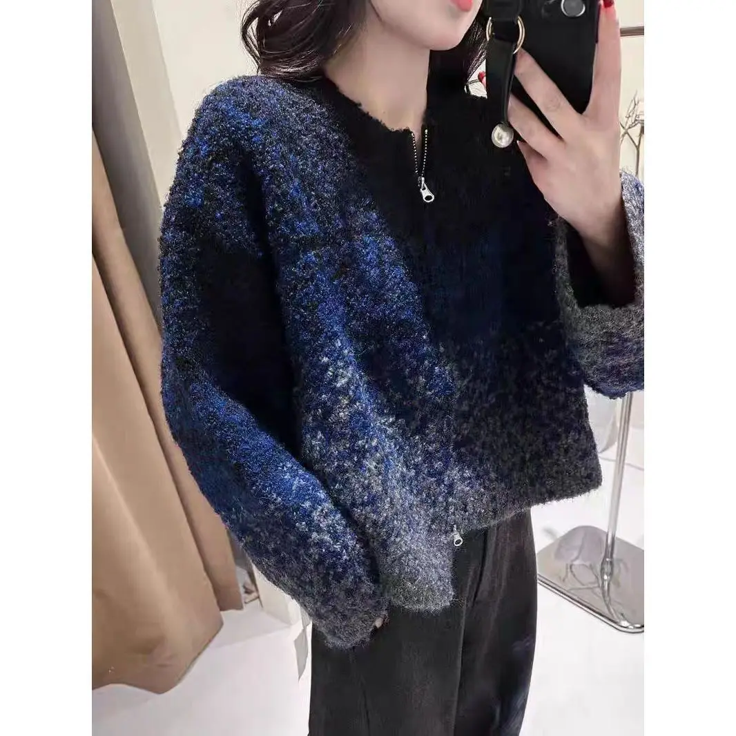 2026 Gradient New Lazy Gradient Crew Neck Zipper Korean Thickened Sweater Knit Cardigan Jacket