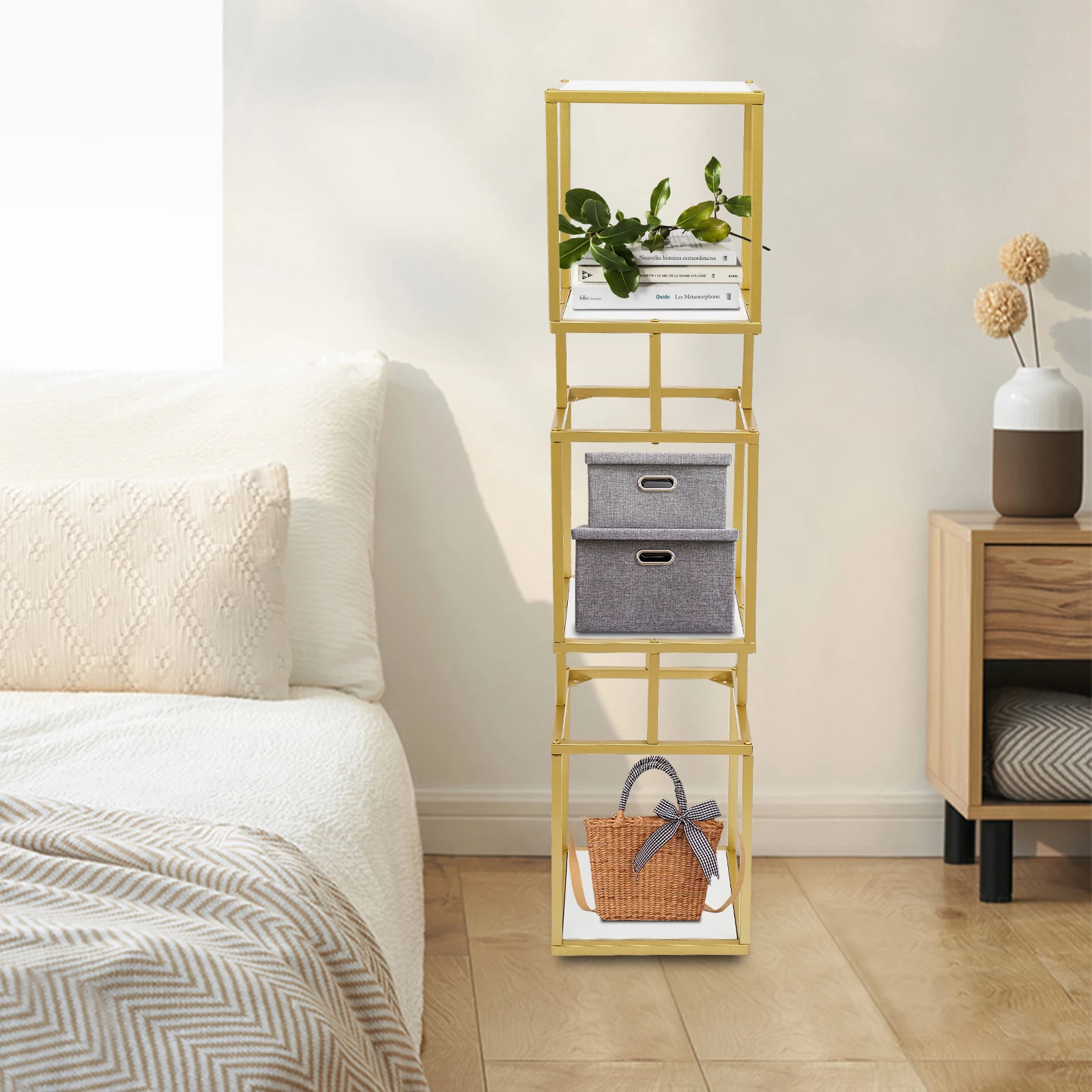 

Modern 3-Tier Bookshelf, Gold Metal Frame & White Shelves, Holds 50lbs/Tier, for Living Room Study Storage Display