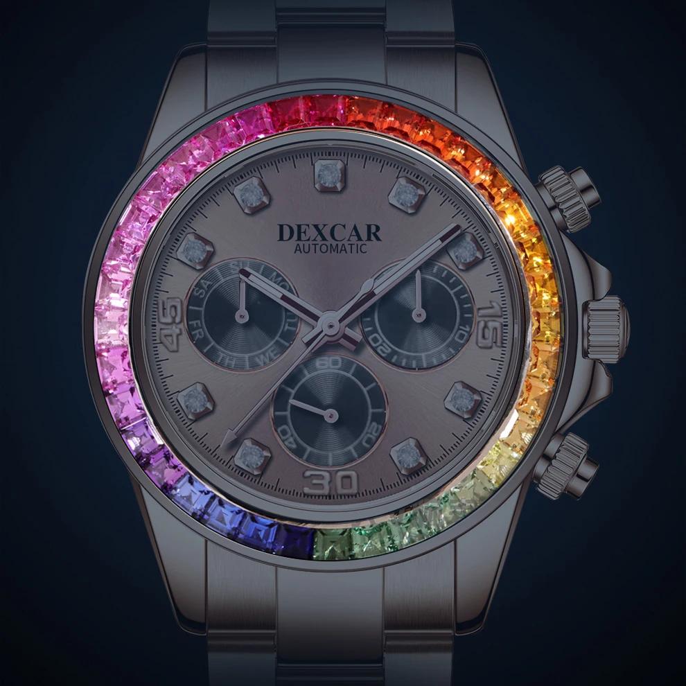 DEXCAR Mechanical Watch For Men 2024 Mens Automatic Watches Multifunctional Rainbow Diamond Wristwatches Waterproof Reloj Hombre