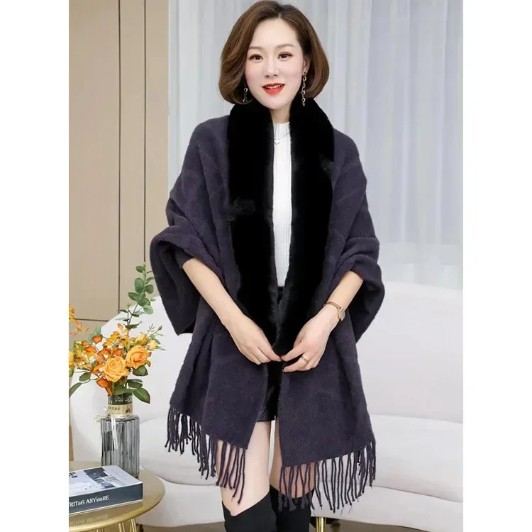 ฤดูหนาวเลียนแบบ Sable ถักผ้าคลุมไหล่เลียนแบบ Rex กระต่าย Cape Fur Collar Poncho แฟชั่น Upscale Capes สีกากีเสื้อคลุม