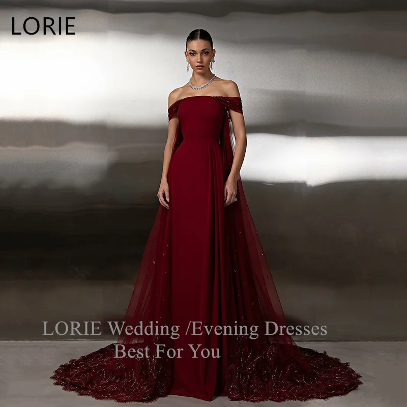 LORIE ชุดเดรสปาร์ตี้สีแดงสุดหรู ประดับเลื่อม ชุดราตรีออกงานแบบเปิดไหล่ จับจีบยาวกรอมพื้น ชุดราตรีออกงานแบบสั่งตัดได้