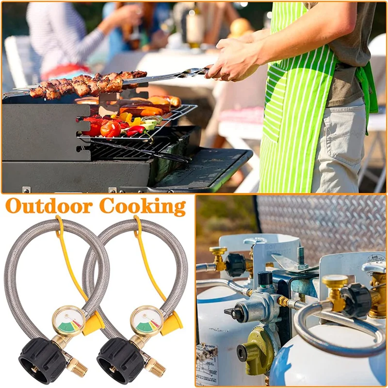 

2 Pack RV Propane Hose With Gauge For 5-40Lb Tanks - Stainless Braided Propane Hose Quick Connect