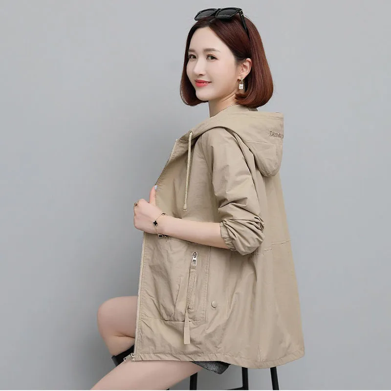 

Spring Autumn New Style Women's Trench Coat Fashion Wild Loose Zipper Hooded Comfortable Ladies Embroidered Letters Short Jacket