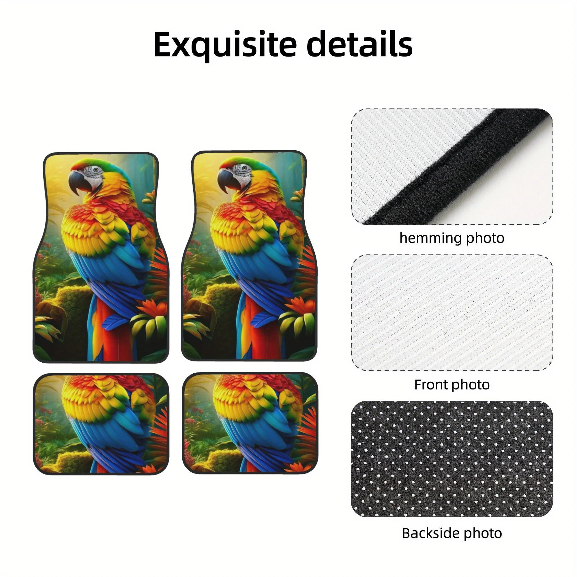 4 Vibrant Parrot And Jungle Design Car Carpets | Non-Slip, Easy To Clean, Suitable For Front And Rear Seats, All-Season Use, Uni