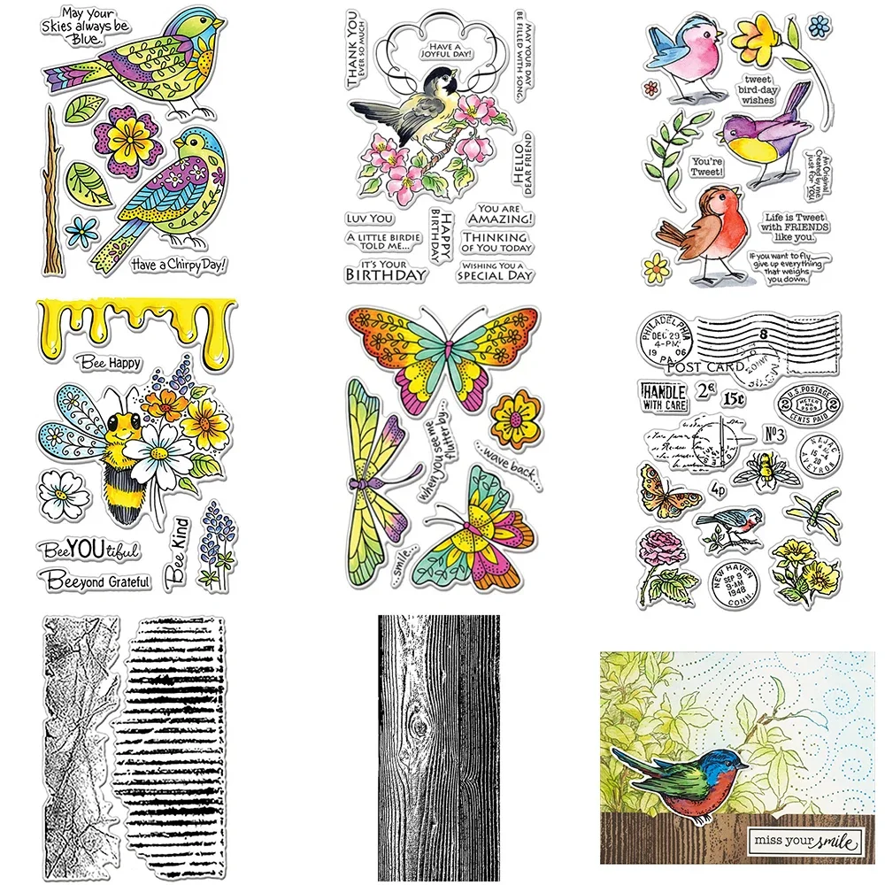 Vögel warme Wünsche mit Blume klare Stempel Schmetterling Biene Tiere Holz Wackground Stempel Set für Scrapbooking Herstellung Bastelkarten