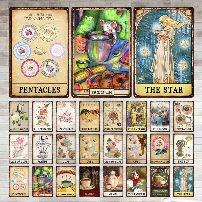 Coffee and Tea Tarot Vintage Poster Tin Sign Metal Plaque For Cafe Kitchen Man Cave Coffee Bar Club Wall Decor Iron Painting