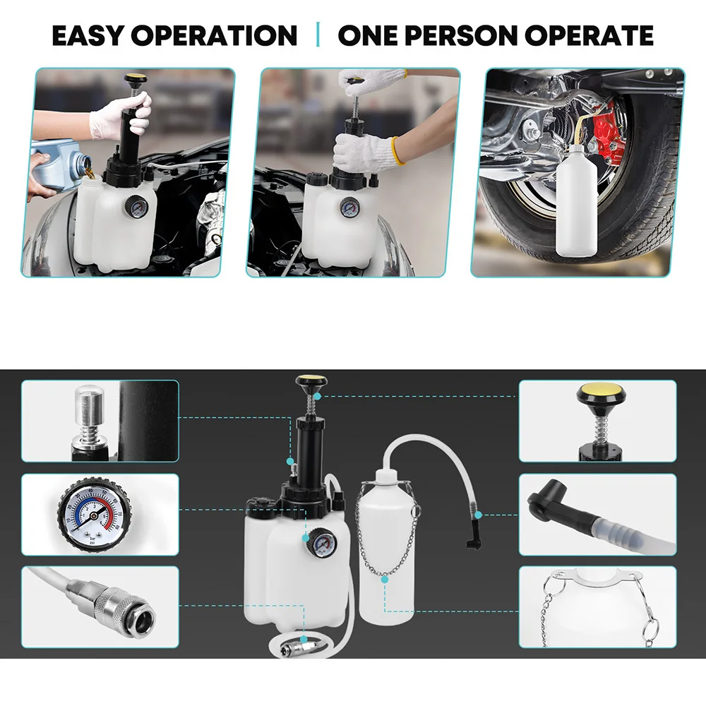 Kit manuale per il spurgo del liquido dei freni da 3L con bottiglia di raccolta da 1L, 4 adattatori, manometro e pompa per il cambio dell'olio dei freni, set di strumenti per il spurgo dei freni per