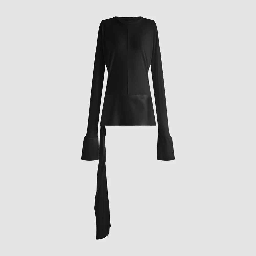 Ladies 100% Cotton Asymmetrical Tie Long Sleeve T-shirt Round Neck Flare Cuff Slim Elegant Casual Streetwear Women Blouse Top