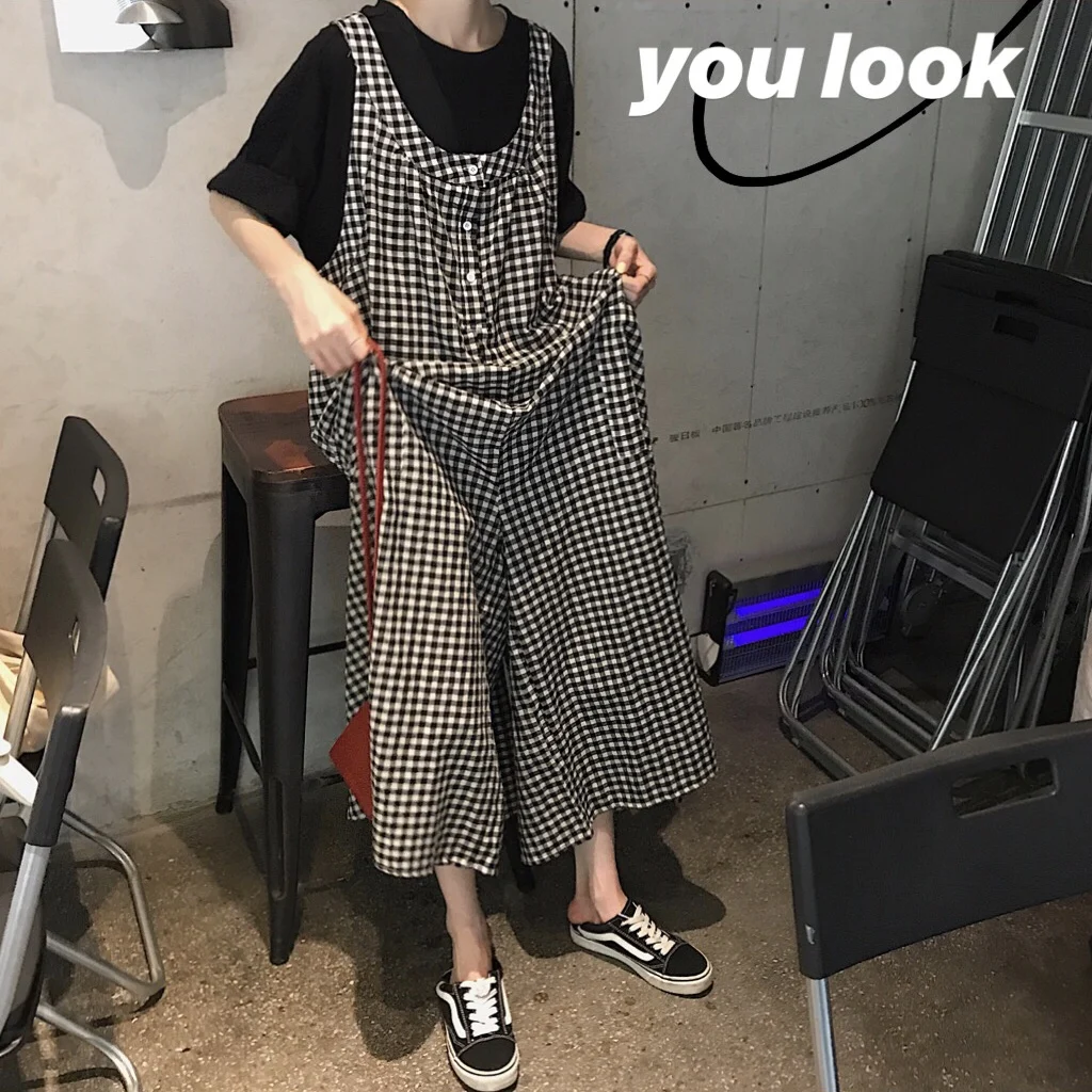 

Retro Japanese Plaid Workwear Overalls Women Summer Loose Casual Sli Straight Leg Wide Leg Jumpsuit Trendy High Waist Nin...
