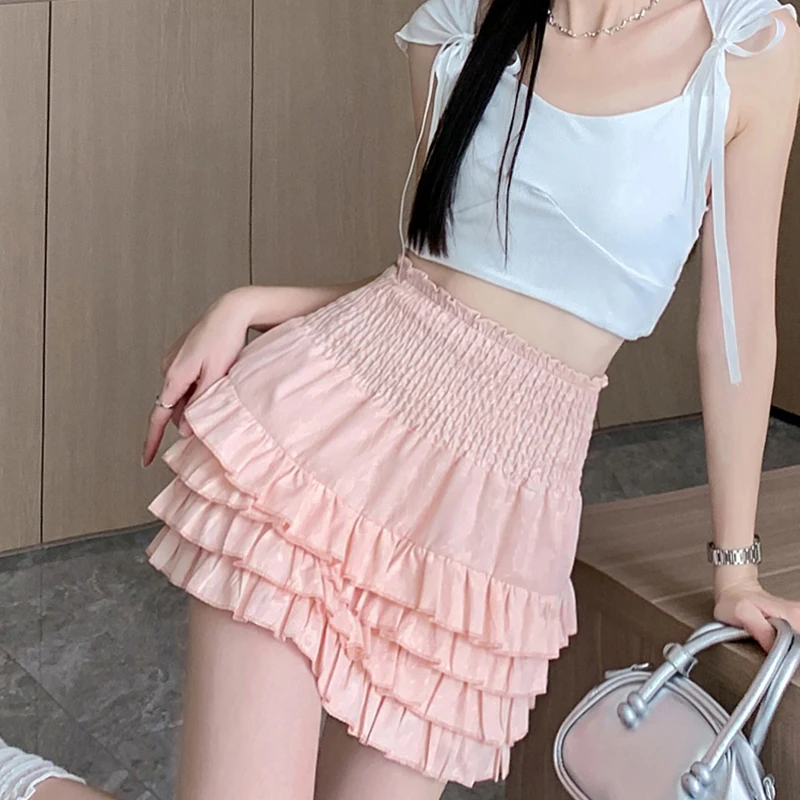 Sweet Cake Puffy Skirt Women Tierred Summer Pleated Fashion Pretty Style High Waist Dress Slim Lace Layered Jacquard Jk Skirt