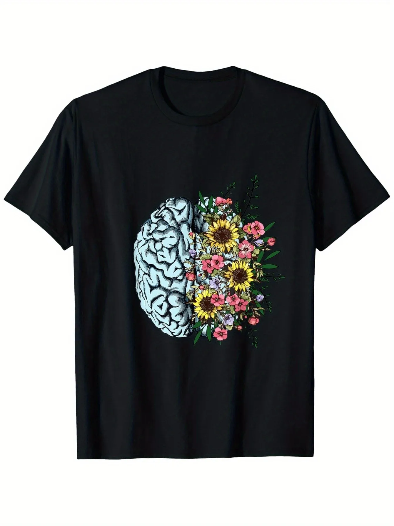 

Мужская черная футболка с мозгом и психологией подсолнечника, левая и правая полусфера, разделенный дизайн с цветочным неоральным сетью, повседневная одежда, подходящая для всех сезонов, удобная футболка с круглым вырезом и короткими рукавами, подходит дл