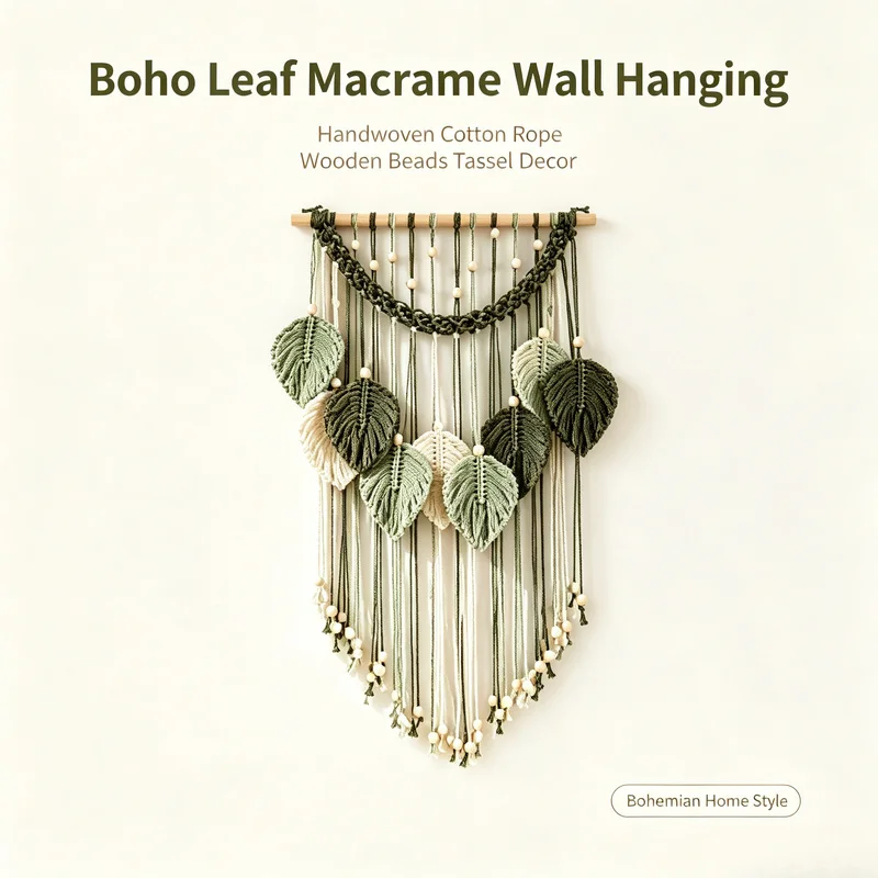 Handmade Macrame Leaf Wall Hanging Green Leaves Tassel Tapestry Boho Wooden Beads Wall Decor Bohemian Home Wall Art for Bedroom