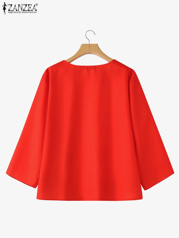 ZANZEA 2025 Damska Bluzka z Nadrukiem Modna Tunika Vintage Letnie Bluzki z Rękawem 3/4 Luźne Koszule Casual Okrągły Dekolt Oversize Bluzki